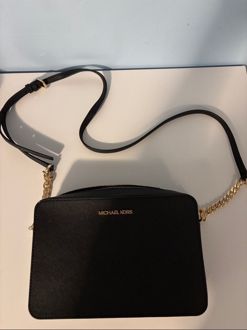 Michael Kors Black Saffiano Crossbody with Gold Chain